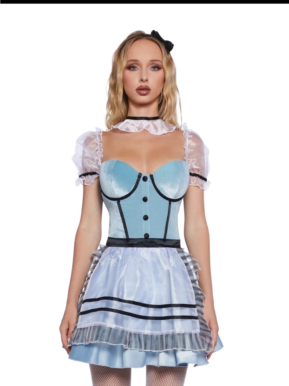 Dolls Kill Light Blue & Black Sheer Puff Sleeve Corset Maid Dress